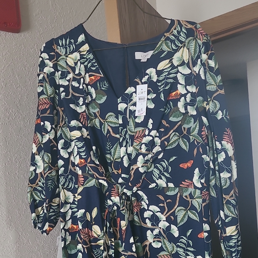 LOFT Navy Floral Dress with Green and Orange Accents